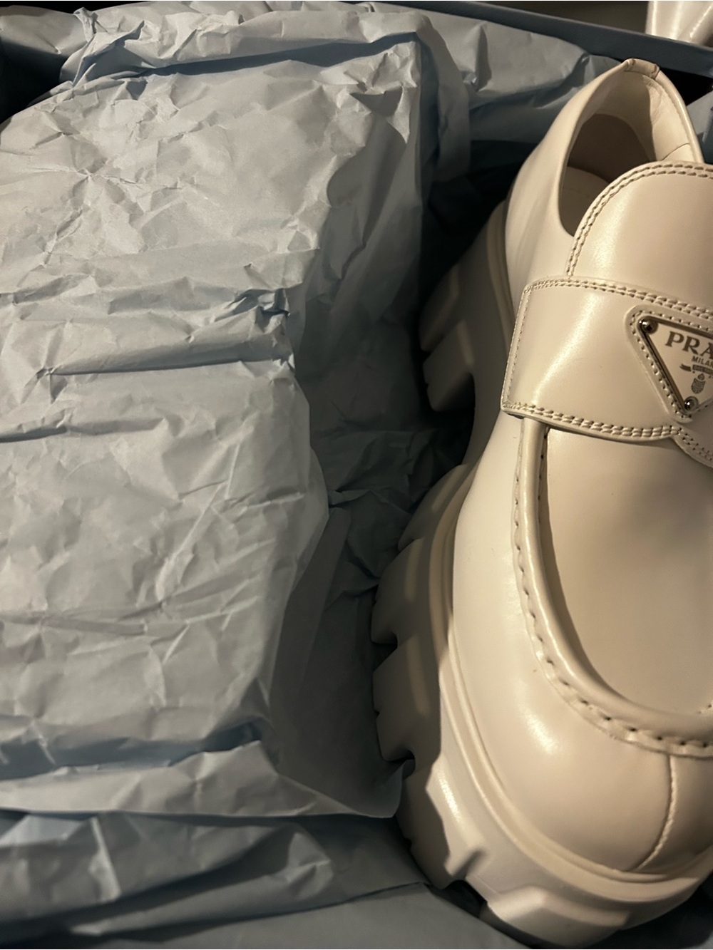 Prada White Leather Lug Sole Loafers - Picture 2 of 4